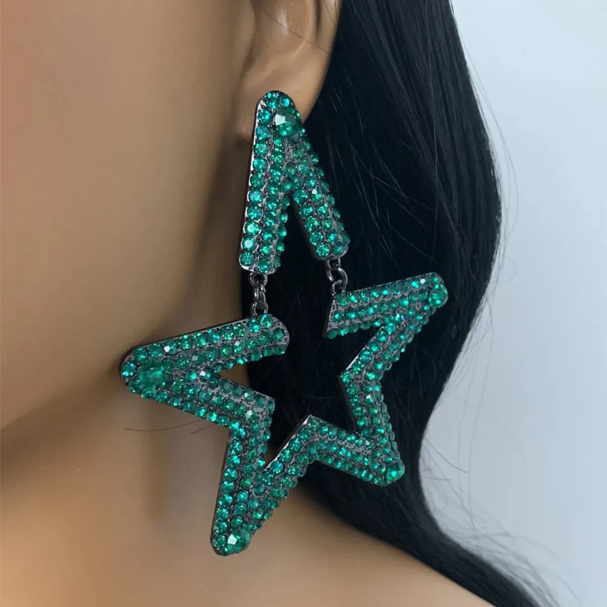 1 Pair Exaggerated Oversized Pentagram Star Plating Hollow Out Inlay Alloy Rhinestones Silver Plated Drop Earrings