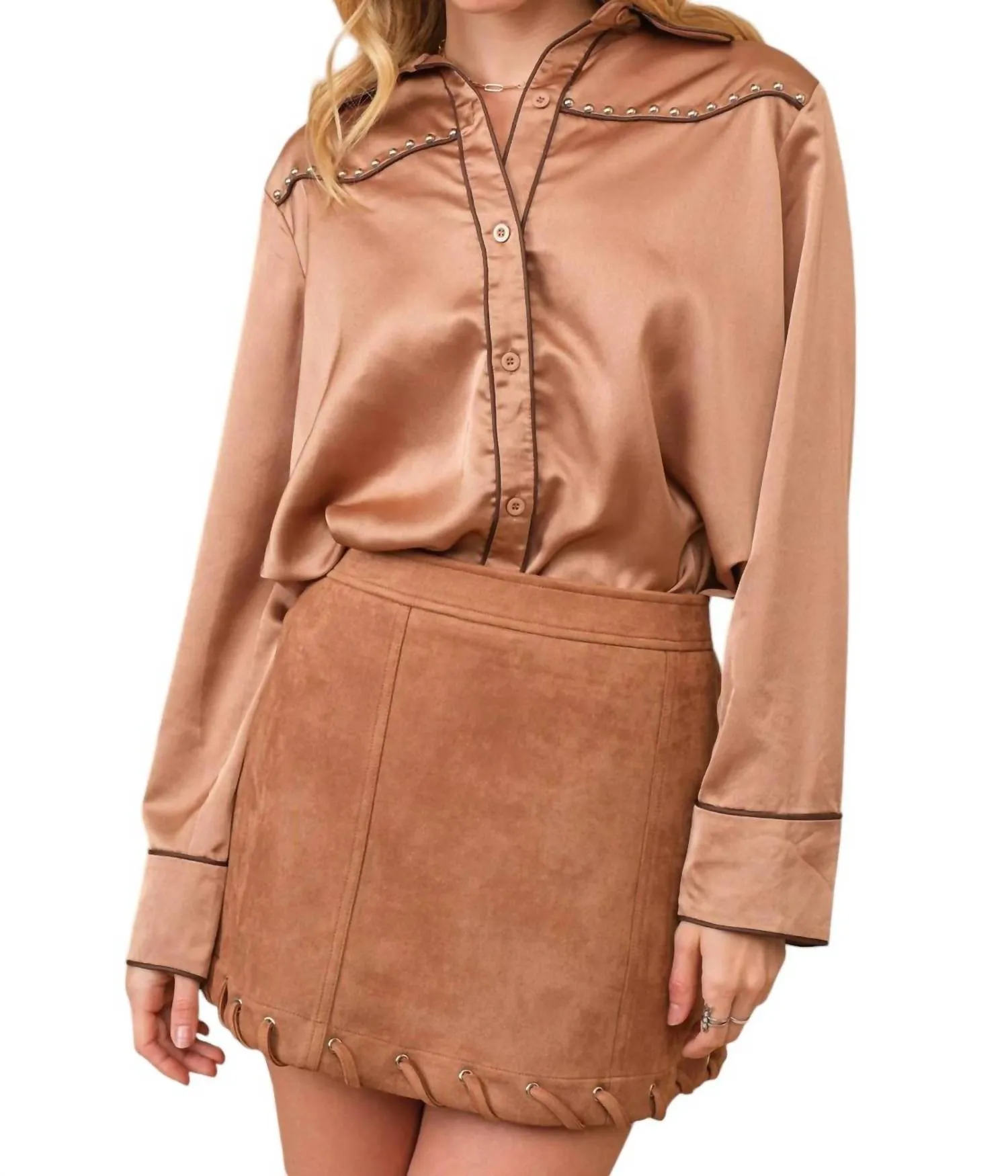 Aila Blue - Long Sleeve Studded Shirt Blouse