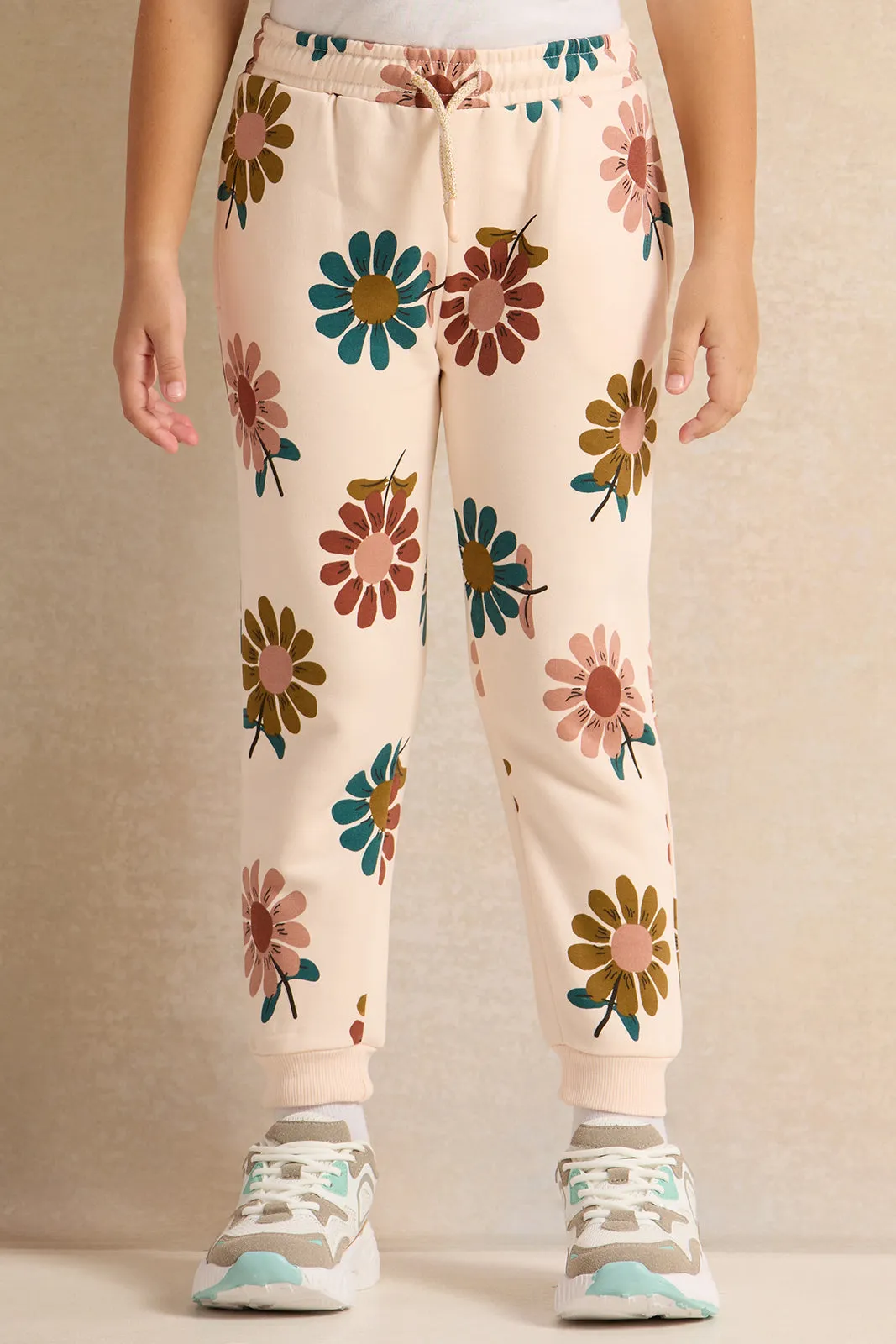 Girls Ivory Allover Print Crew Neck Jog Set (2 Piece)