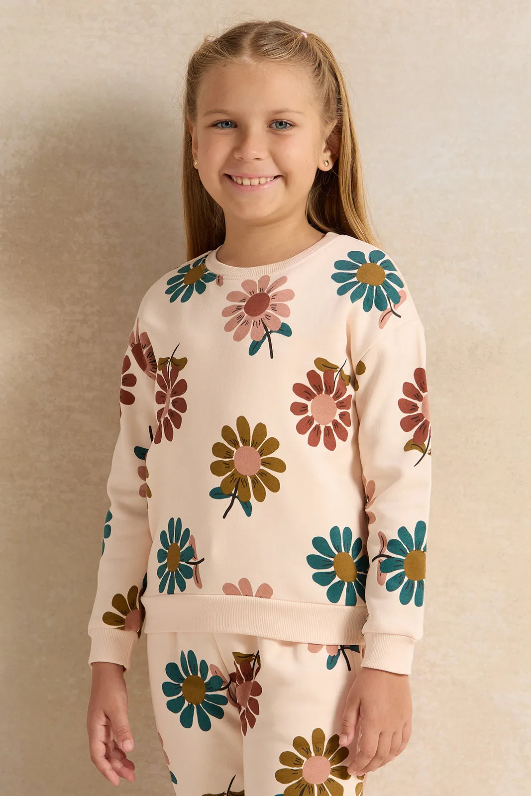Girls Ivory Allover Print Crew Neck Jog Set (2 Piece)