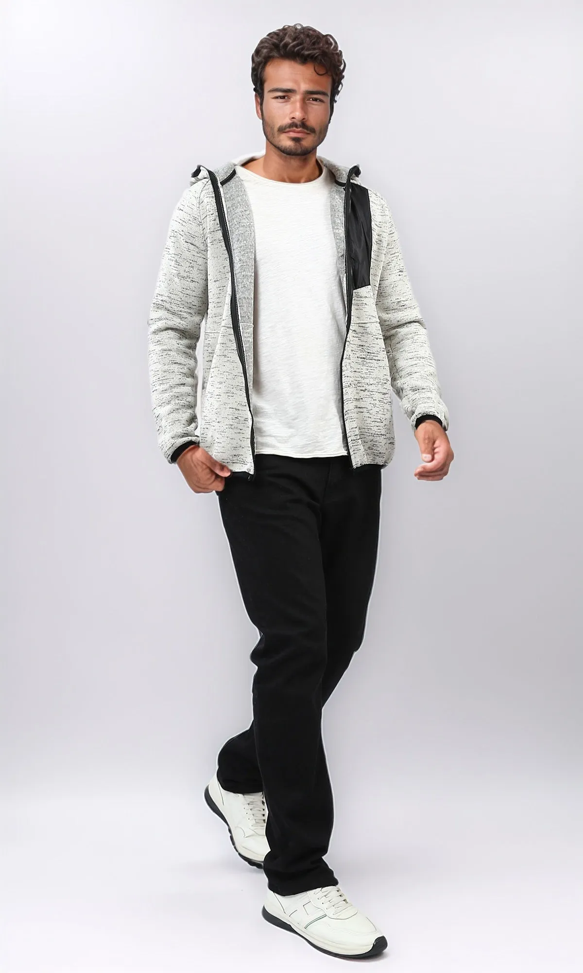 o201222 - Long Sleeve Zipper Hoodie With Front Pocket - Off-White