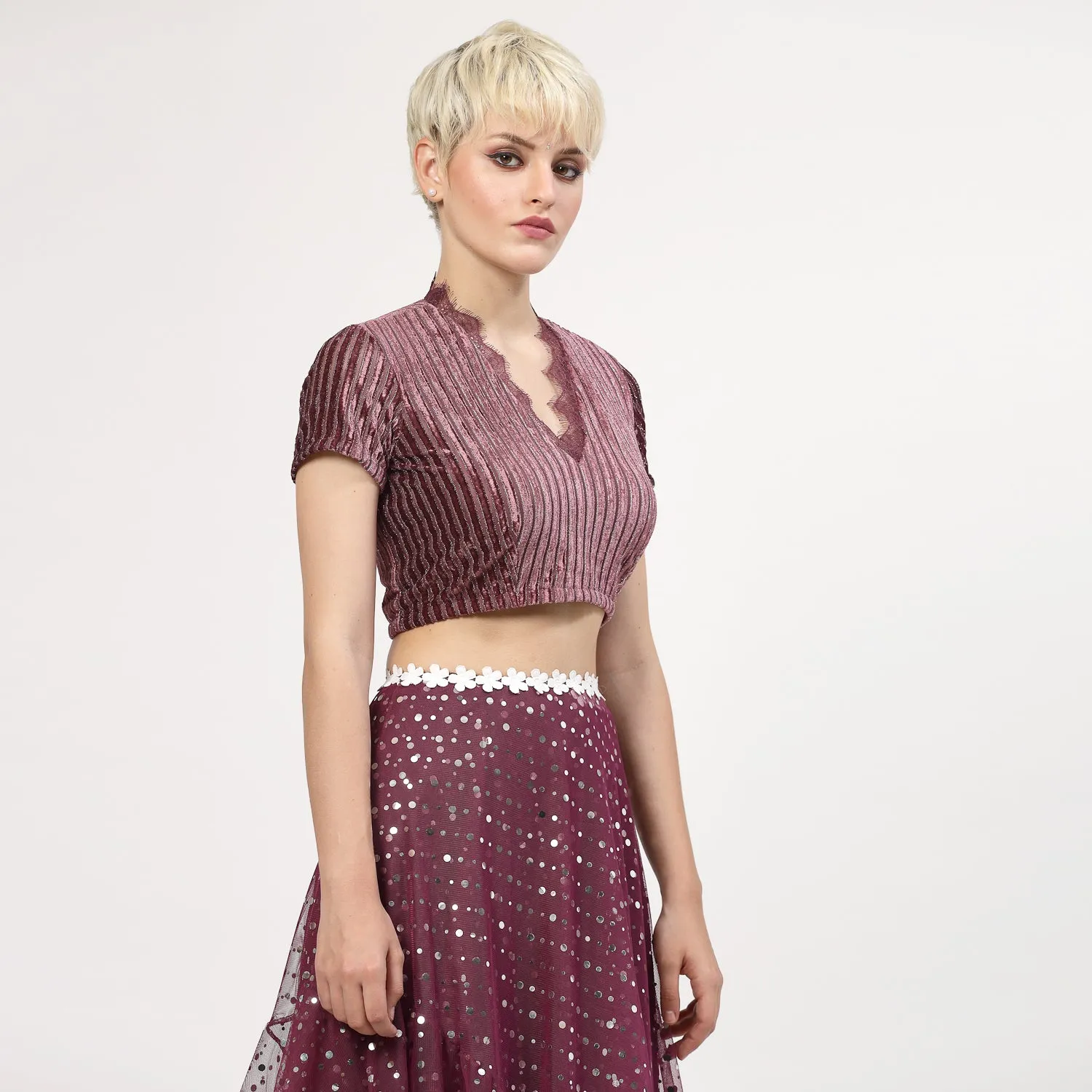 Purple Velvet Blouse With French Lace