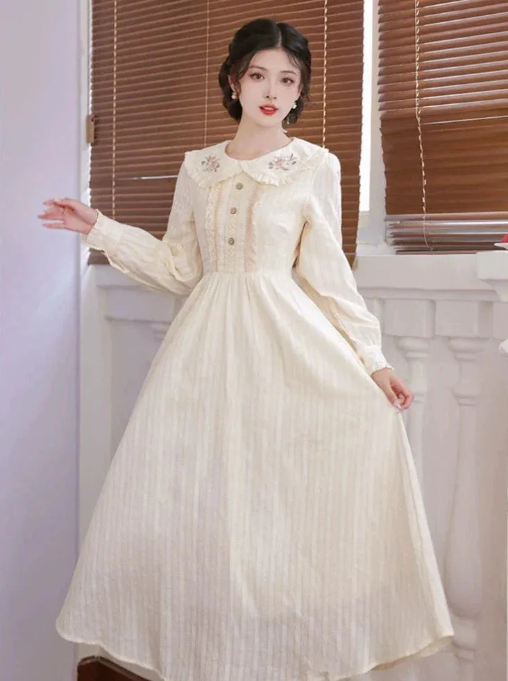 White Long Retro Pure Dress Flared
