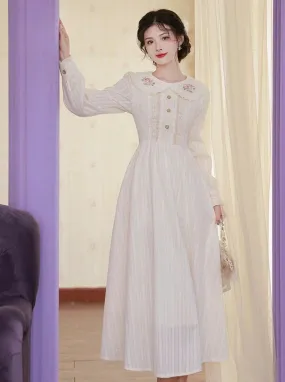 White Long Retro Pure Dress Flared