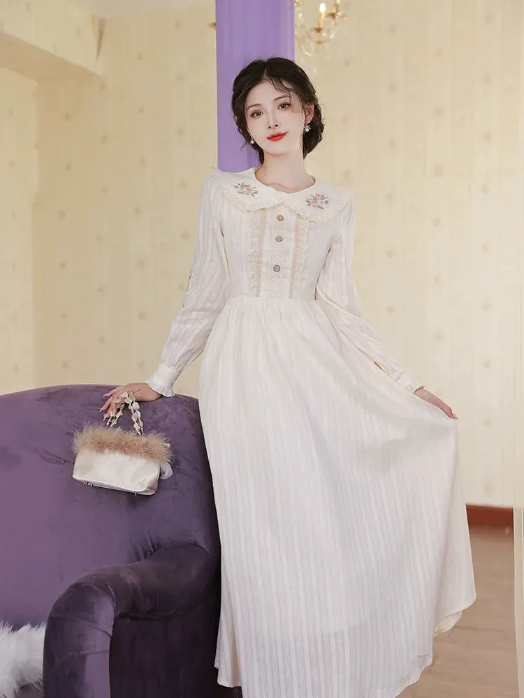 White Long Retro Pure Dress Flared